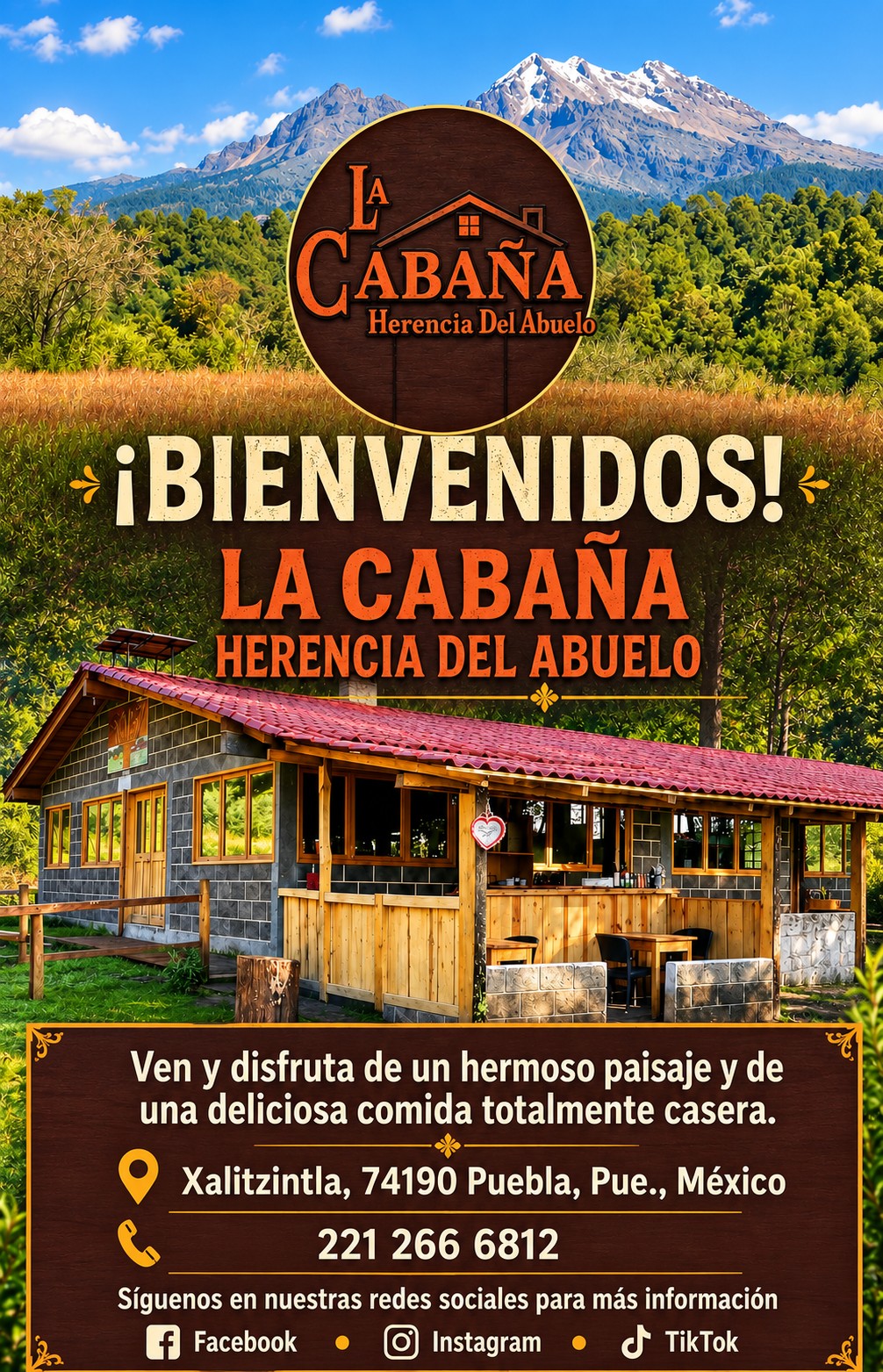 Cartel de bienvenida de La Cabaña Herencia del Abuelo con ubicación y teléfono