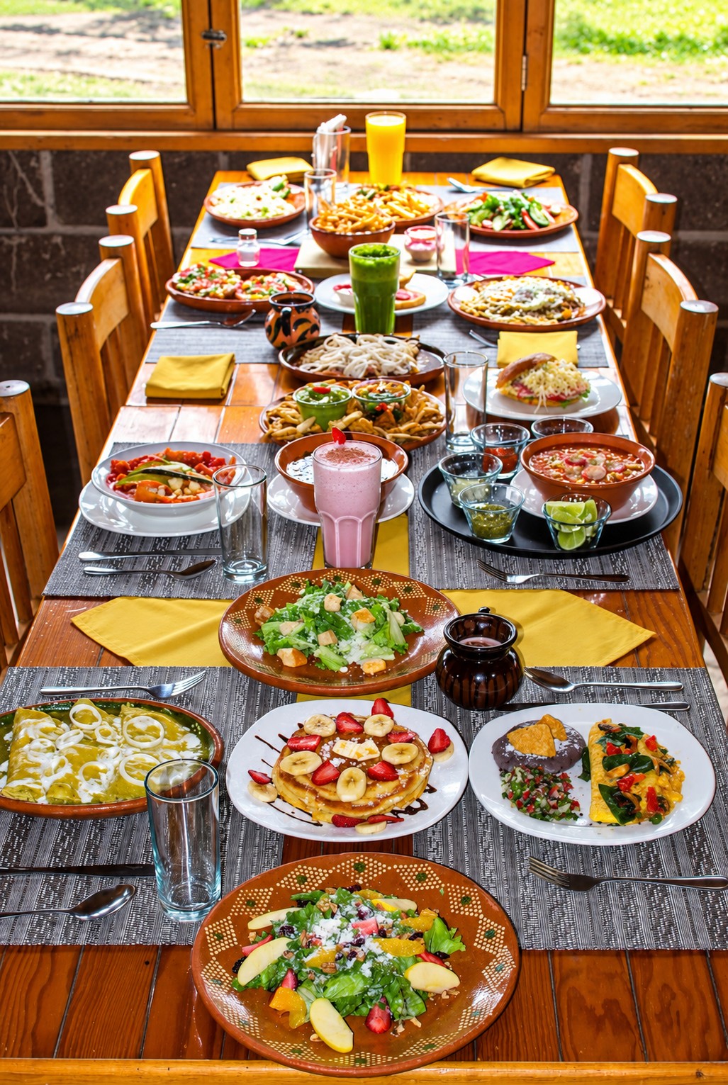 Mesa de La Cabaña con enchiladas, hot cakes, sopas y ensaladas